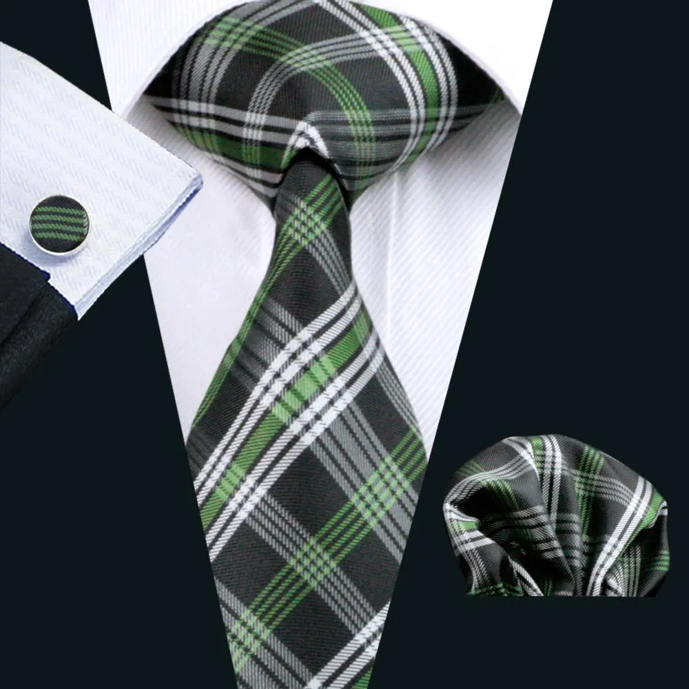 Classic Black Green White Plaid Tie Pocket Square Cufflinks Set sold by Ties2You