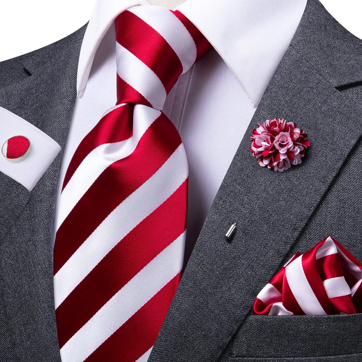 Ties2you Red White Striped Tie Pocket Square Cufflinks Set sold by Ties2You product image thumbnail 5