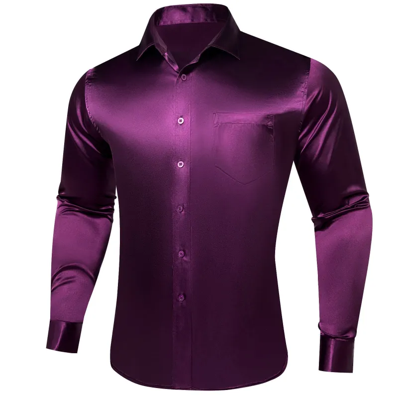 Ties2you Collar Shirt Dark Purple Satin Solid Long Sleeve Button Up Shirts for Men sold by Ties2You