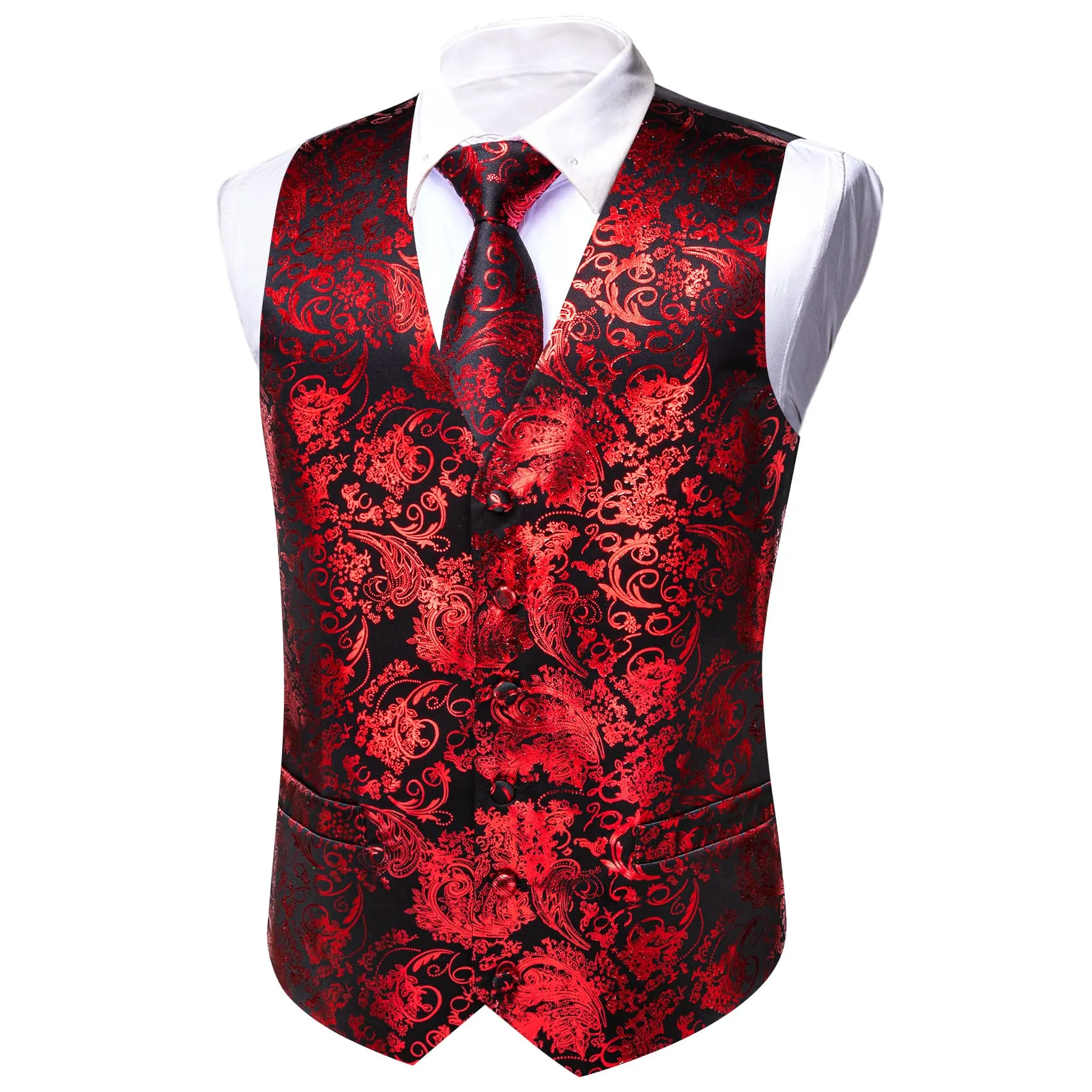 Ties2you Red Floral Suit Vest Mens Party Formal V-neck Waistcoat Tie Hanky Cufflinks Set sold by Ties2You product image thumbnail 5