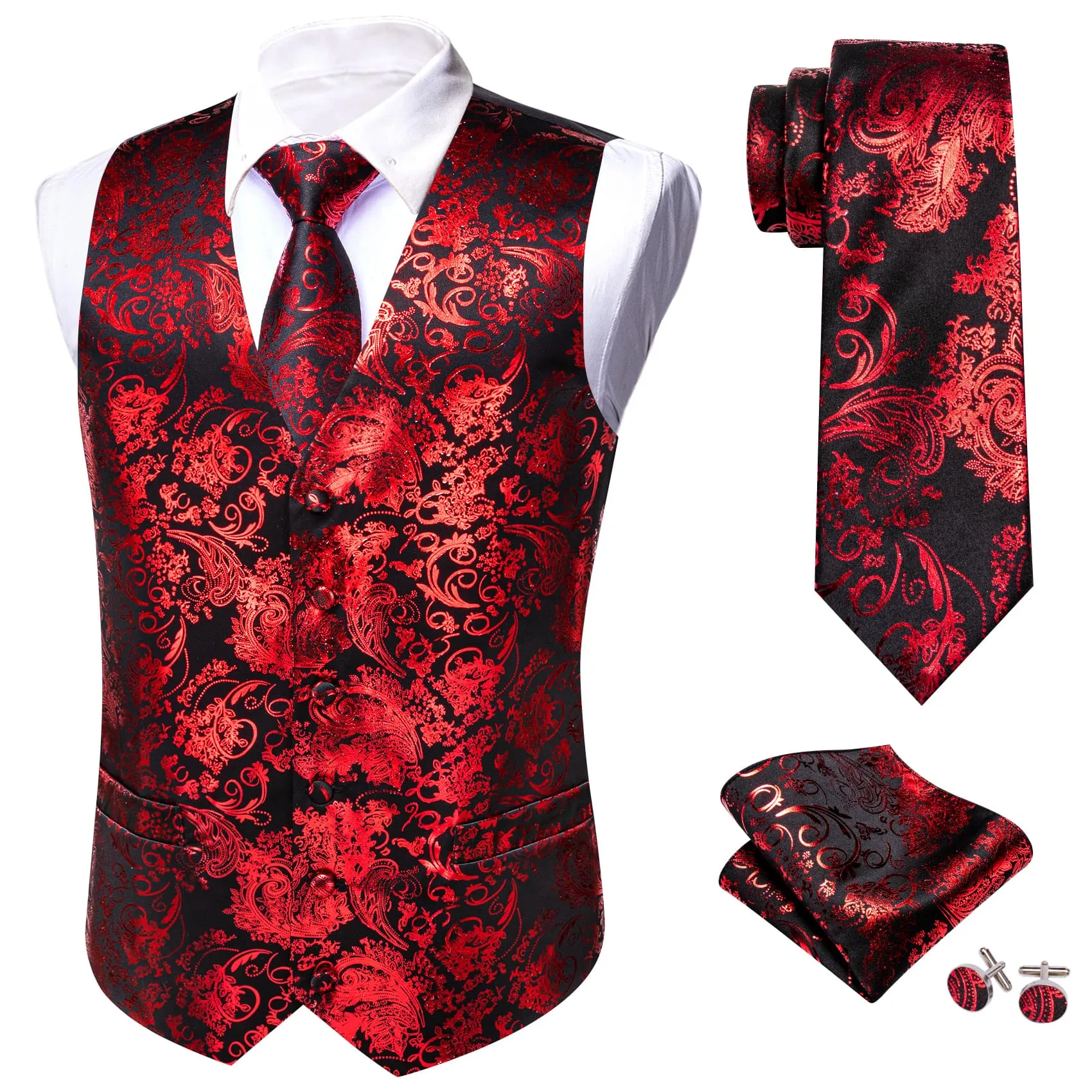 Ties2you Red Floral Suit Vest Mens Party Formal V-neck Waistcoat Tie Hanky Cufflinks Set sold by Ties2You product image thumbnail 2