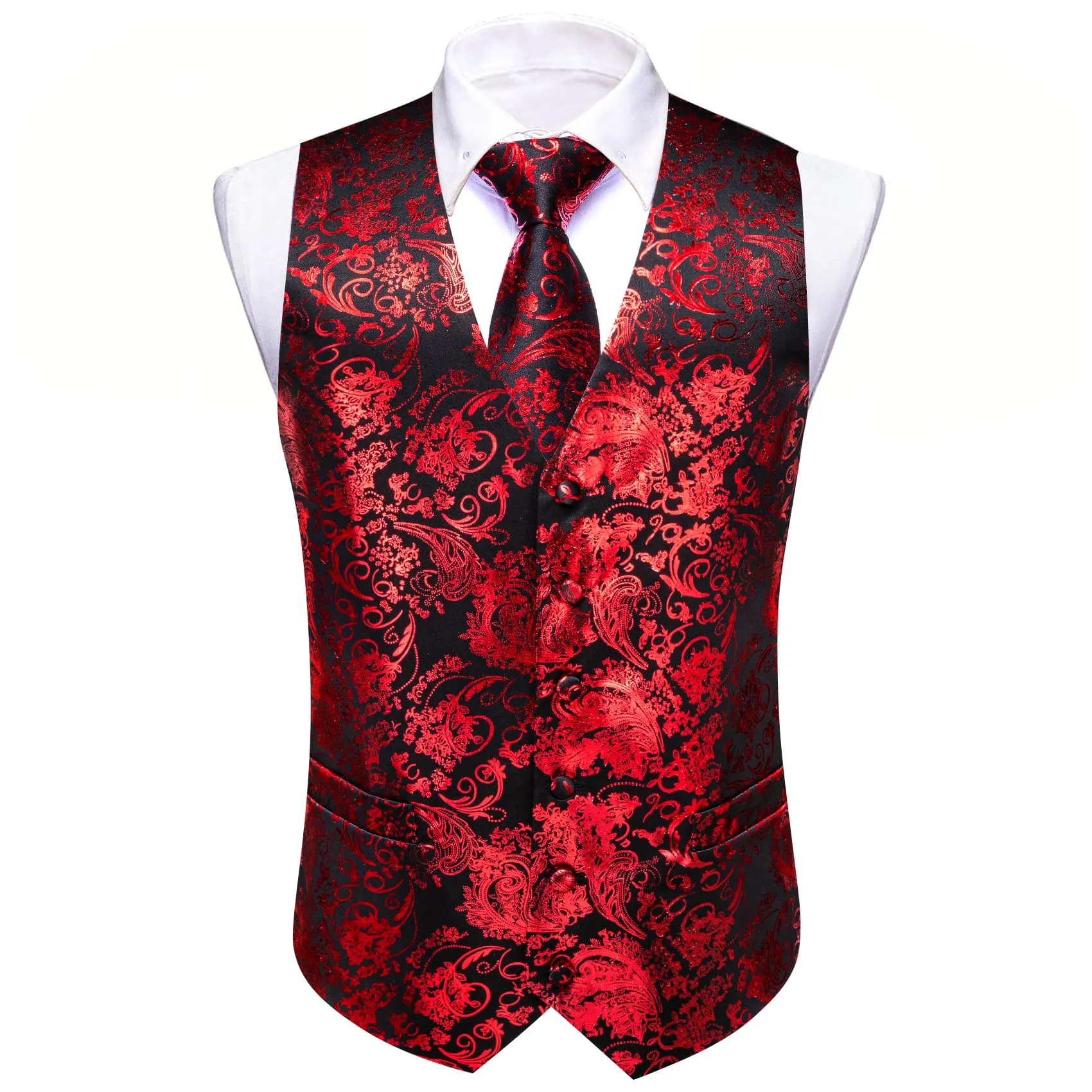 Ties2you Red Floral Suit Vest Mens Party Formal V-neck Waistcoat Tie Hanky Cufflinks Set sold by Ties2You product image thumbnail 4