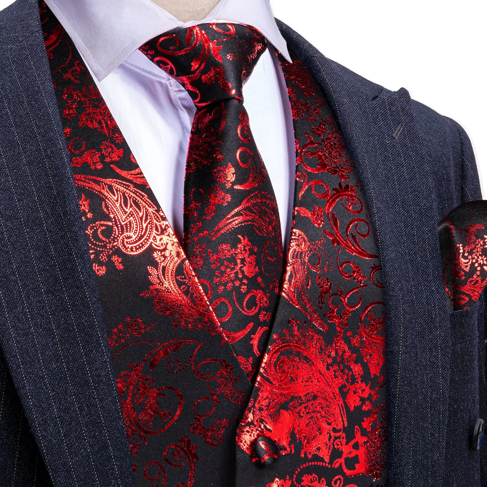Ties2you Red Floral Suit Vest Mens Party Formal V-neck Waistcoat Tie Hanky Cufflinks Set sold by Ties2You product image thumbnail 3
