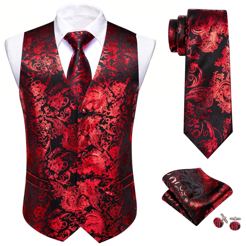 Ties2you Red Floral Suit Vest Mens Party Formal V-neck Waistcoat Tie Hanky Cufflinks Set sold by Ties2You