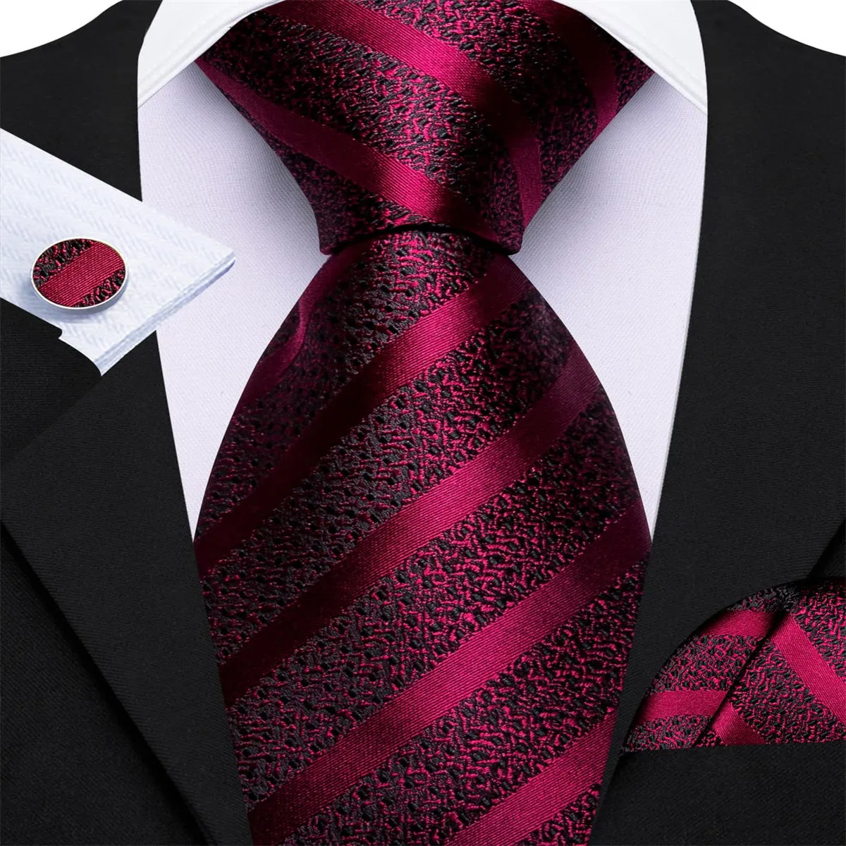 Ties2you Silk Tie Men's Striped Wine Red Tie Handkerchief Cufflinks Set for Work Dresses sold by Ties2You product image thumbnail 2