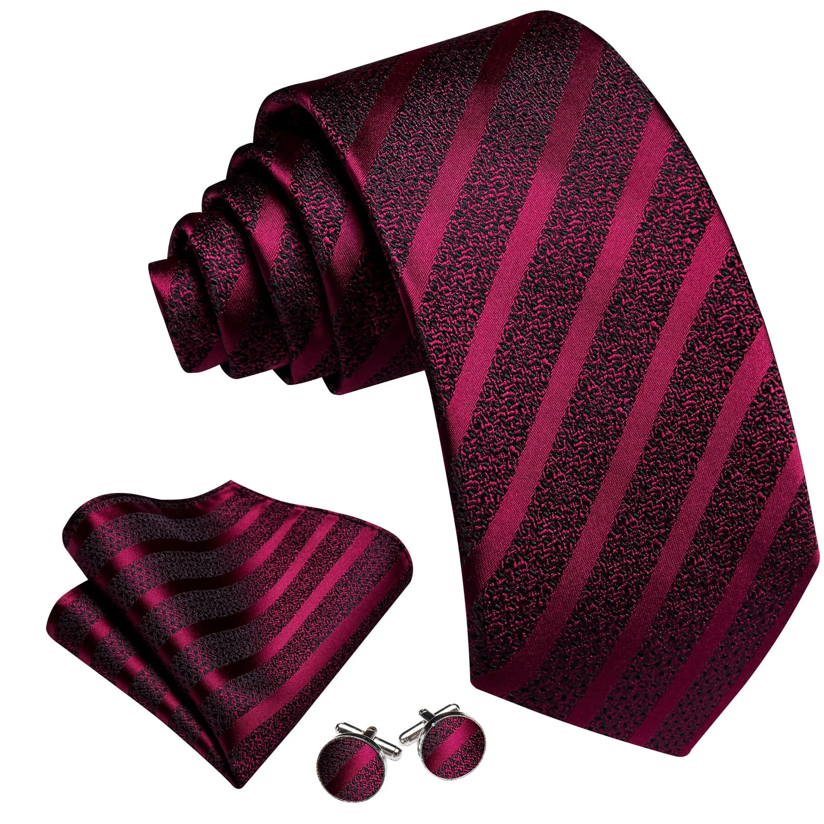 Ties2you Silk Tie Men's Striped Wine Red Tie Handkerchief Cufflinks Set for Work Dresses sold by Ties2You product image thumbnail 3