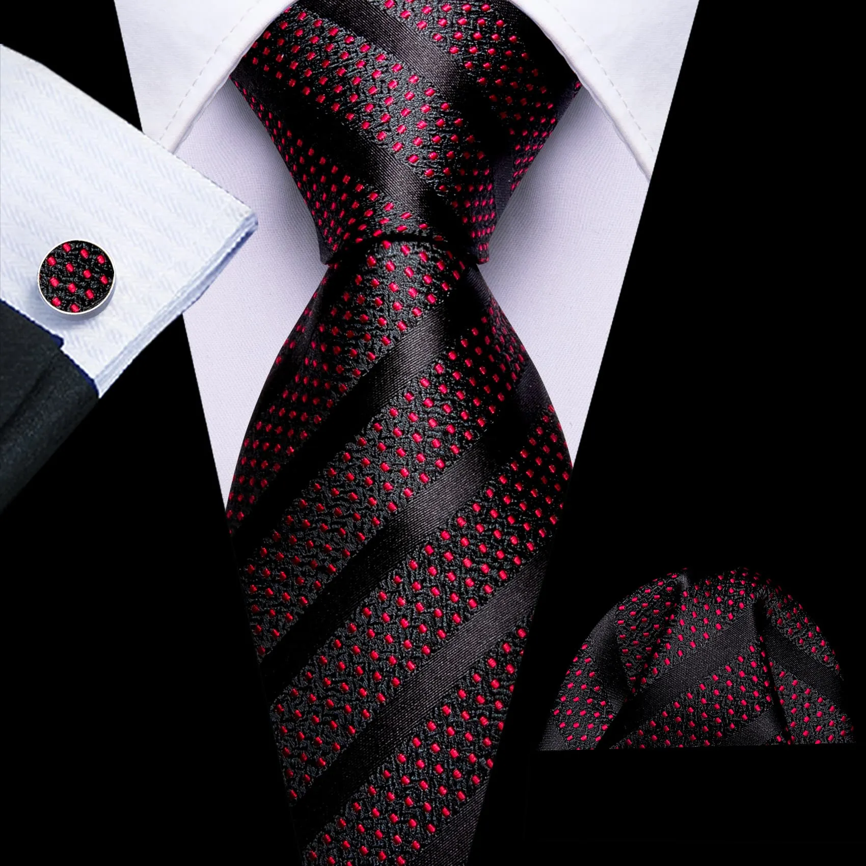 Ties2you Silk Tie Men's Striped Red Black Tie Pocket Square Cufflinks Set for Work Dresses sold by Ties2You