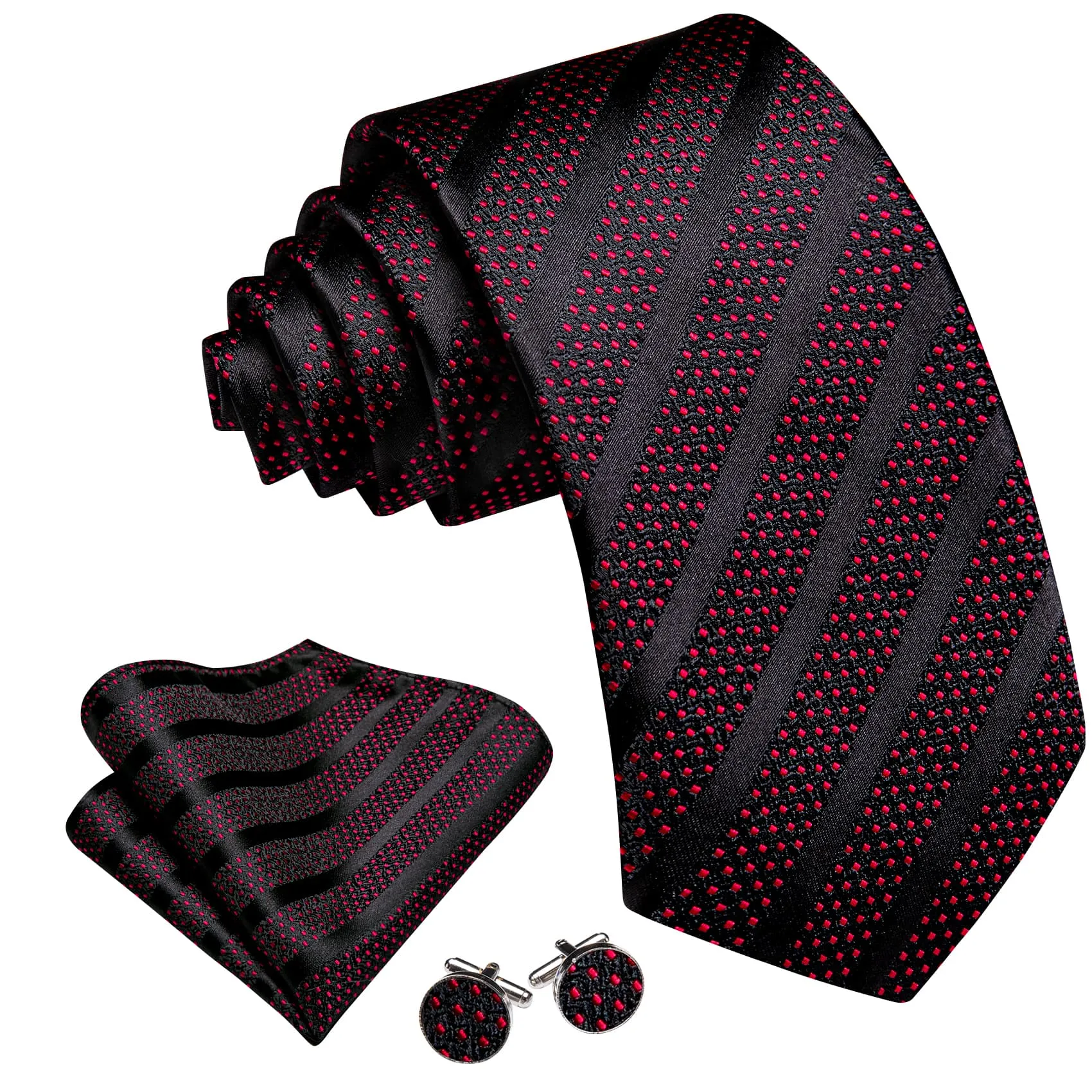 Ties2you Silk Tie Men's Striped Red Black Tie Pocket Square Cufflinks Set for Work Dresses sold by Ties2You product image thumbnail 3