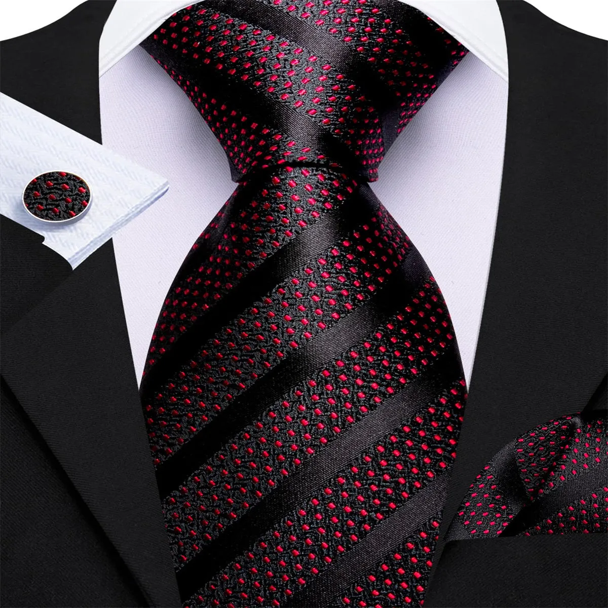 Ties2you Silk Tie Men's Striped Red Black Tie Pocket Square Cufflinks Set for Work Dresses sold by Ties2You product image thumbnail 2