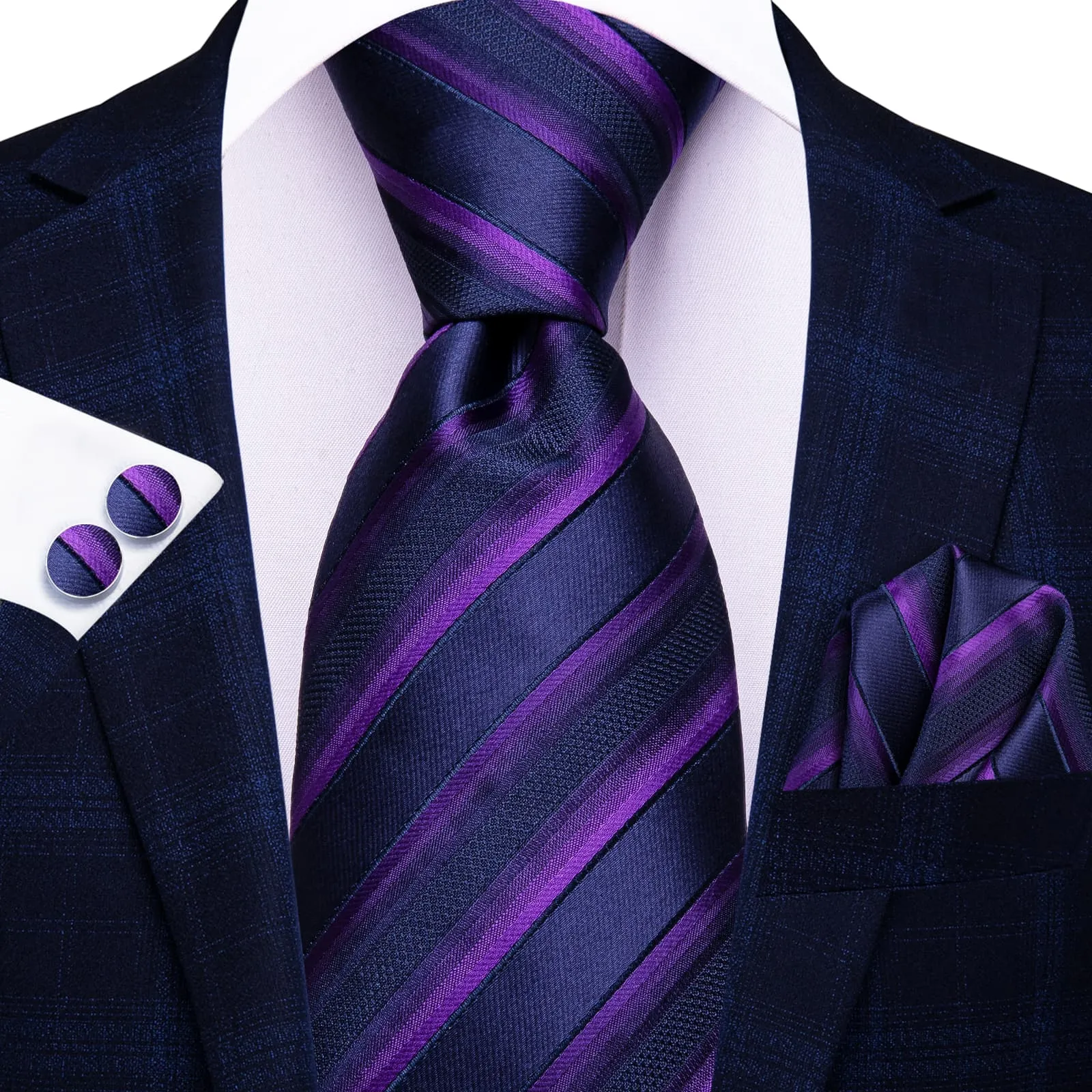 Ties2you Silk Ties Deep Purple Blue Striped Business Mens Tie Pocket Square Cufflinks Set sold by Ties2You product image thumbnail 2