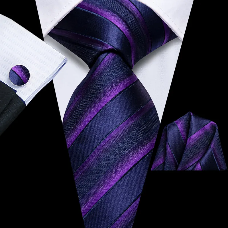 Ties2you Silk Ties Deep Purple Blue Striped Business Mens Tie Pocket Square Cufflinks Set sold by Ties2You