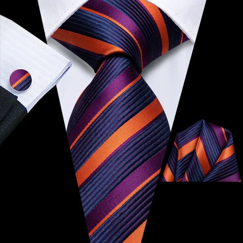 Ties2you Silk Ties Purple Blue Orange Striped Mens Work Dresses Tie Pocket Square Cufflinks Set sold by Ties2You