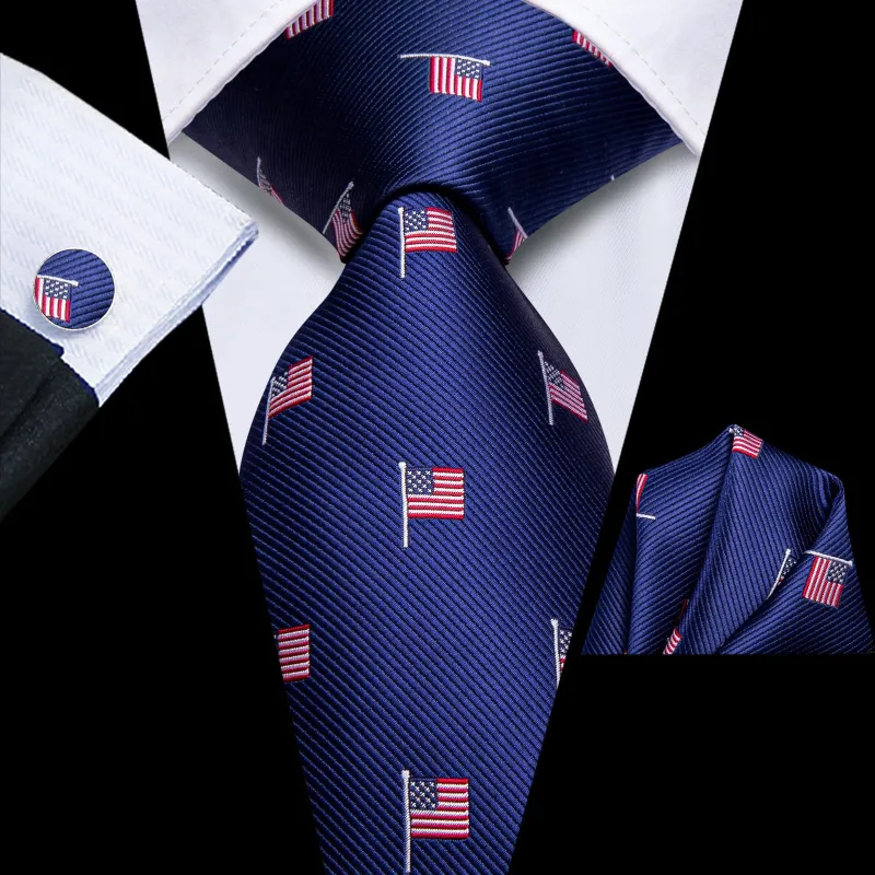 Ties2you Silk Ties Blue American Flag Neck Tie Pocket Square Cufflinks Set for Men sold by Ties2You