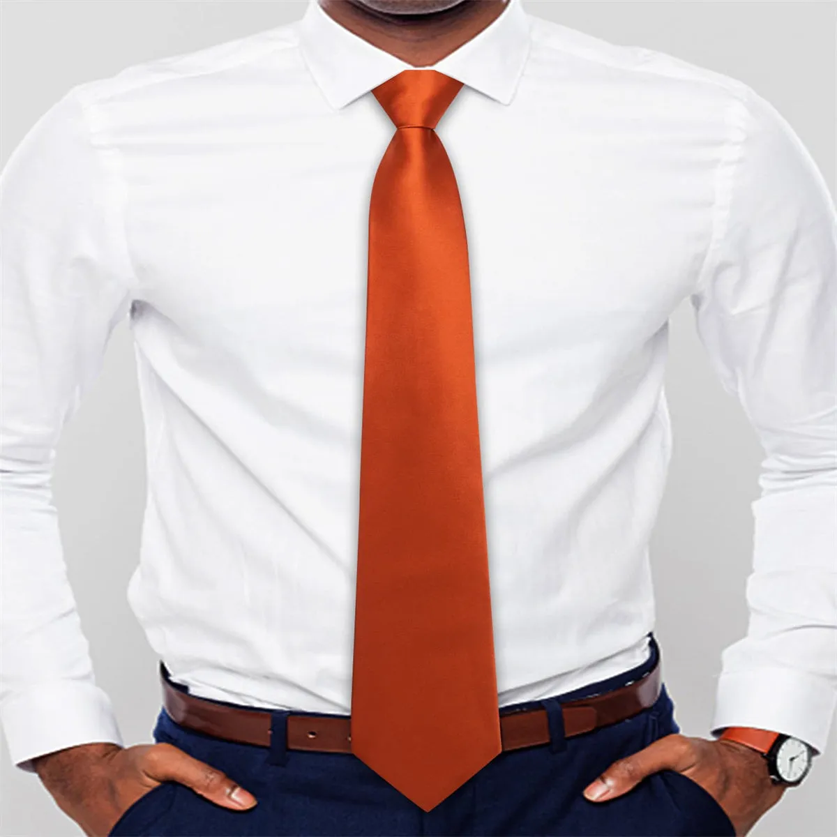 Ties2you Tie Top Fire Orange Solid Silk Lazy Mens Easy-pull Work Dresses Tie Set sold by Ties2You product image thumbnail 3