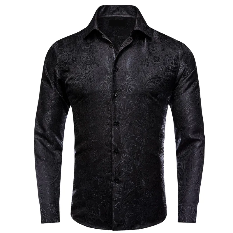 Ties2you Collared Shirt Coal Black Paisley Silk Mens Long Sleeve Tuxedo Button Up Shirt sold by Ties2You