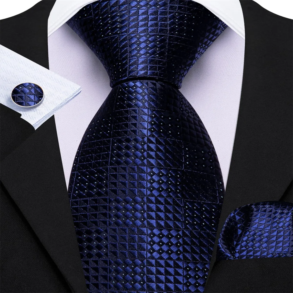 Ties2you Plaid Tuxedo Tie for Wedding Navy Blue Work Necktie Hanky Cufflinks Set sold by Ties2You product image thumbnail 4
