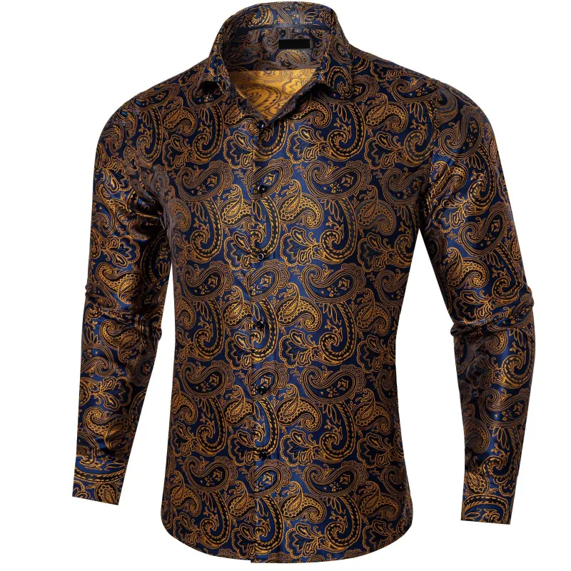 Ties2you Button Down Shirt Blue Gold Paisley Long Sleeve Dress Shirts for Men sold by Ties2You