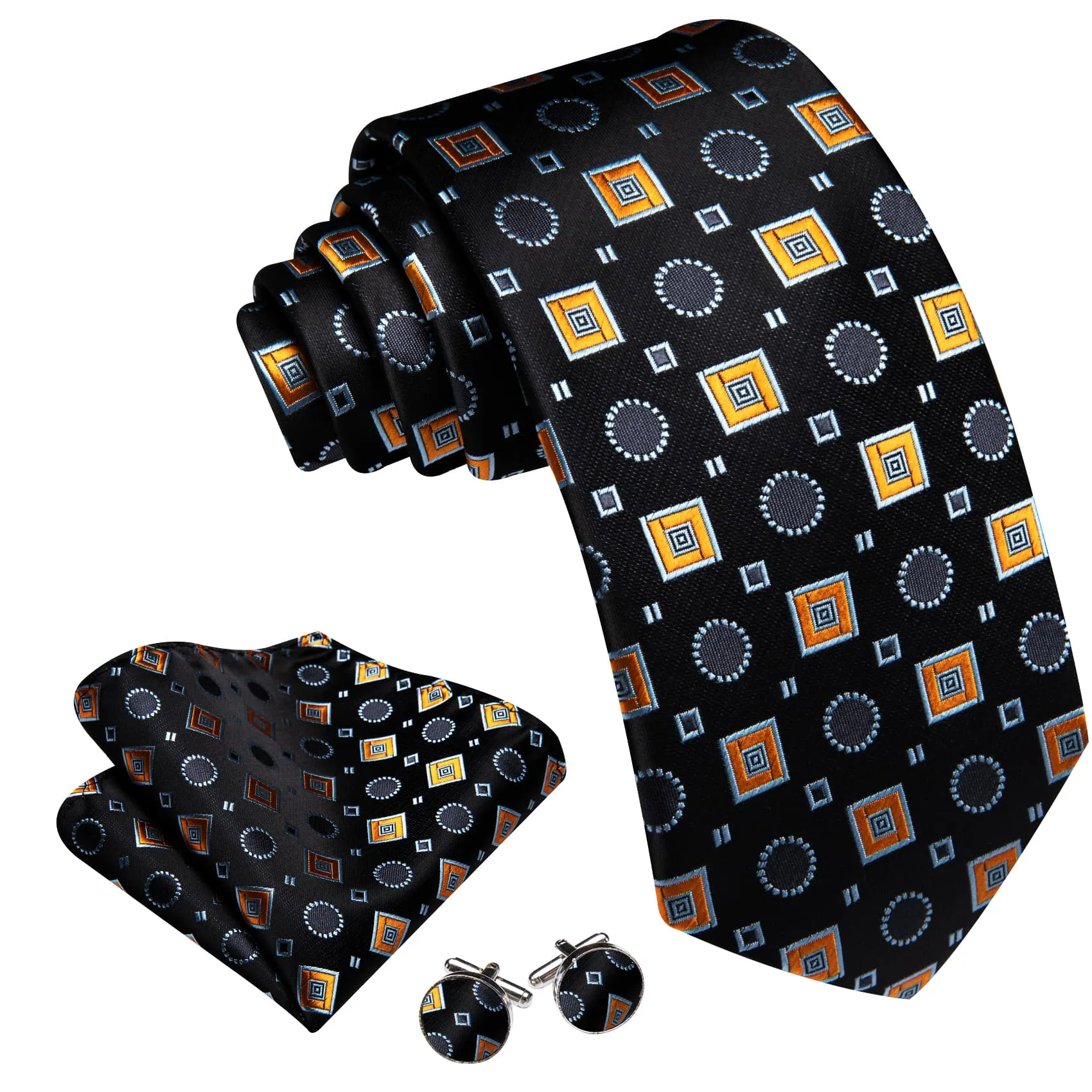 Ties2you Tuxedo Tie Black Orange Geometric Silk Mens Dress Tie Handkerchief Cufflinks Set sold by Ties2You product image thumbnail 2