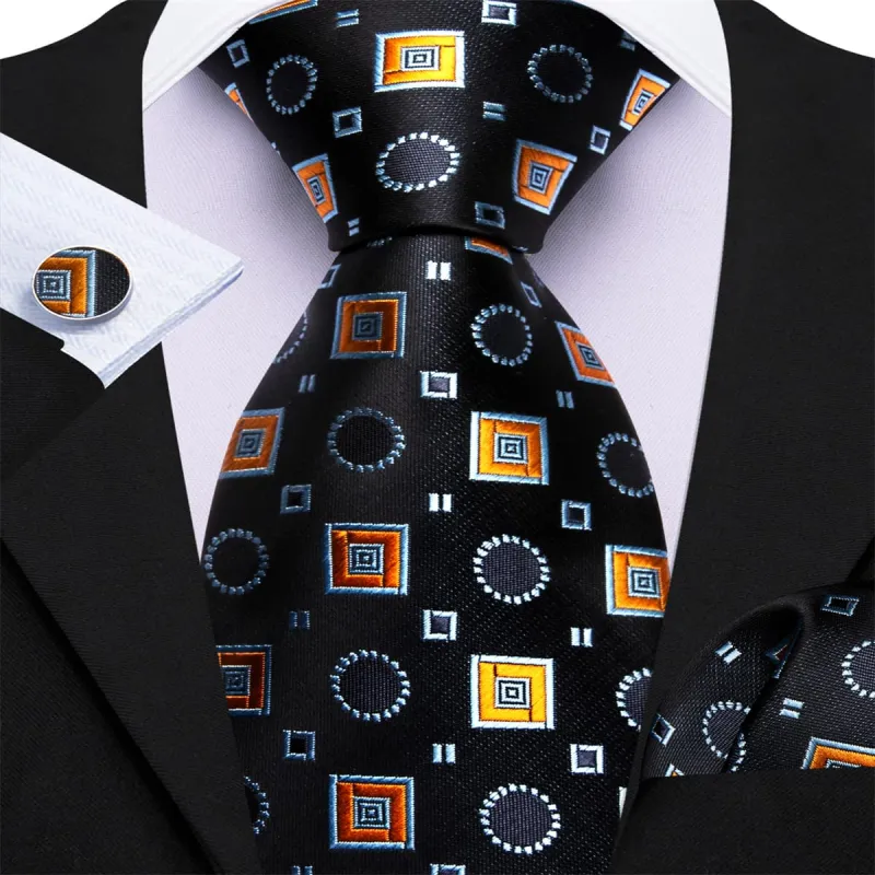 Ties2you Tuxedo Tie Black Orange Geometric Silk Mens Dress Tie Handkerchief Cufflinks Set sold by Ties2You