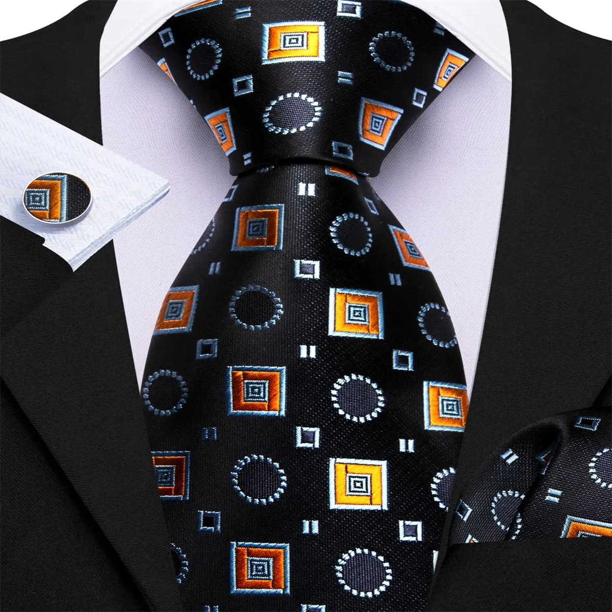 Ties2you Tuxedo Tie Black Orange Geometric Silk Mens Dress Tie Handkerchief Cufflinks Set sold by Ties2You