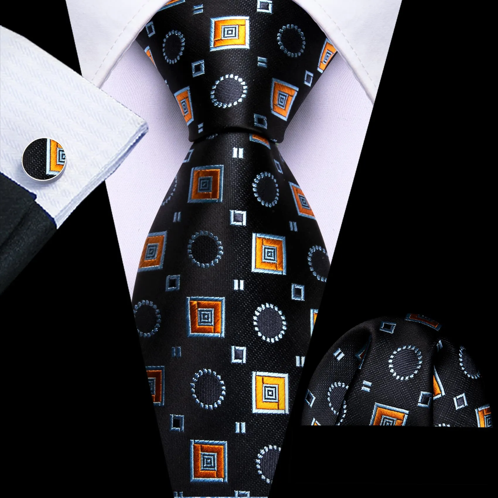 Ties2you Tuxedo Tie Black Orange Geometric Silk Mens Dress Tie Handkerchief Cufflinks Set sold by Ties2You product image thumbnail 3