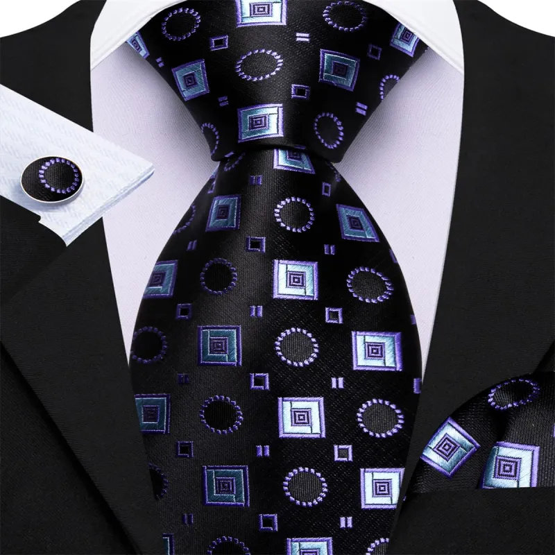 Ties2you Tuxedo Tie Black Geometric Silk Mens Dress Tie Handkerchief Cufflinks Set sold by Ties2You