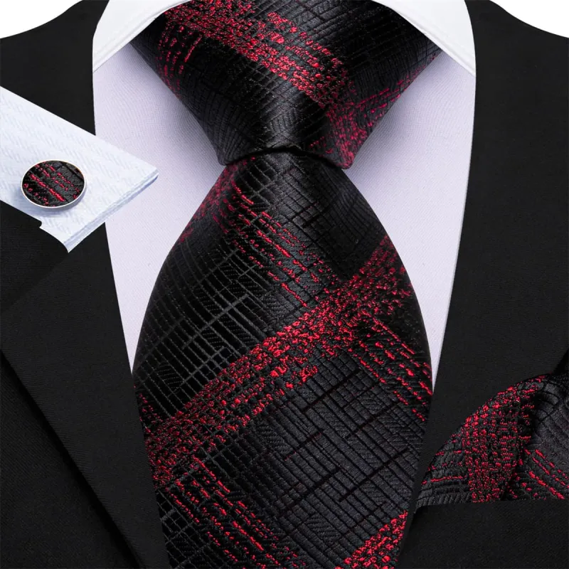 Ties2you Tuxedo Tie Black Maroon Plaid Silk Mens Dress Tie Pocket Square Cufflinks Set sold by Ties2You
