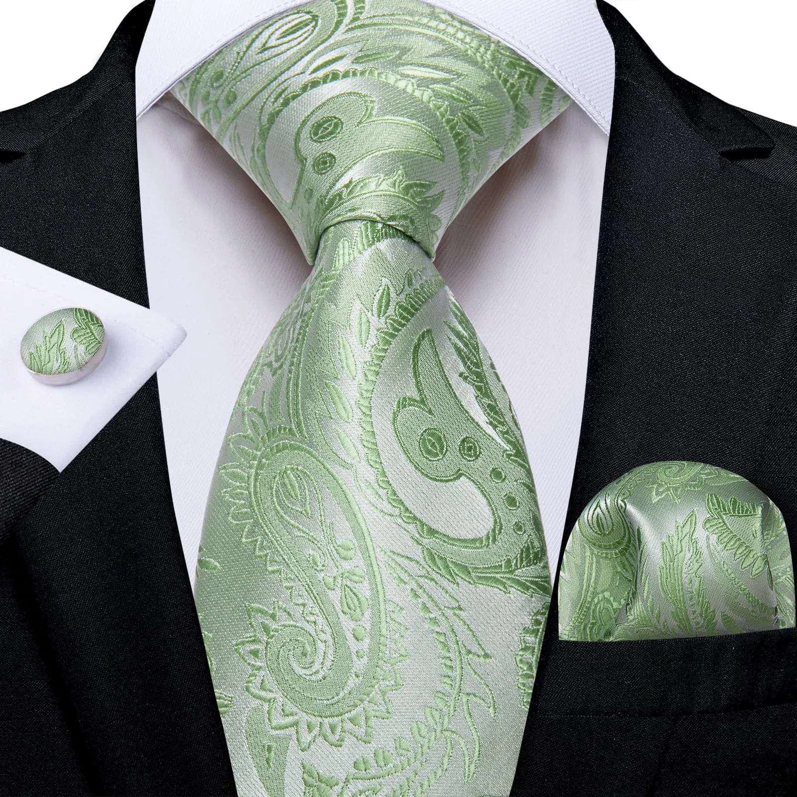 Ties2you Mens Ties Sage Green Paisley Silk Office Dress Tie Handkerchief Cufflinks Set sold by Ties2You