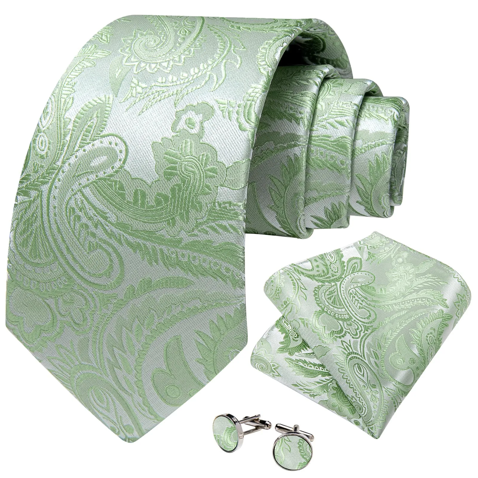 Ties2you Mens Ties Sage Green Paisley Silk Office Dress Tie Handkerchief Cufflinks Set sold by Ties2You product image thumbnail 2