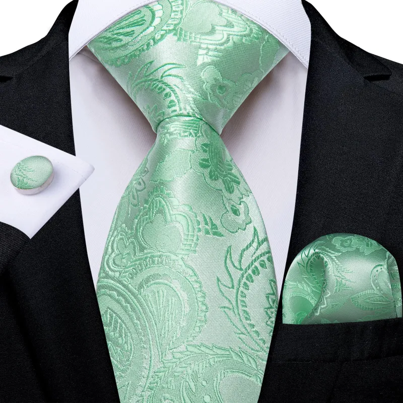 Ties2you Mens Ties Mint Green Paisley Silk Tie Pocket Square Cufflinks Business Set sold by Ties2You