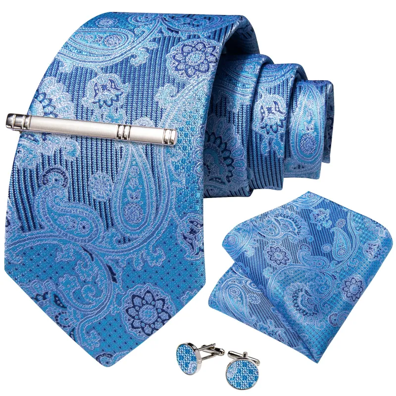 Blue Floral Silk Men's Necktie Pocket Square Cufflinks Set with Clip made by Ties2You