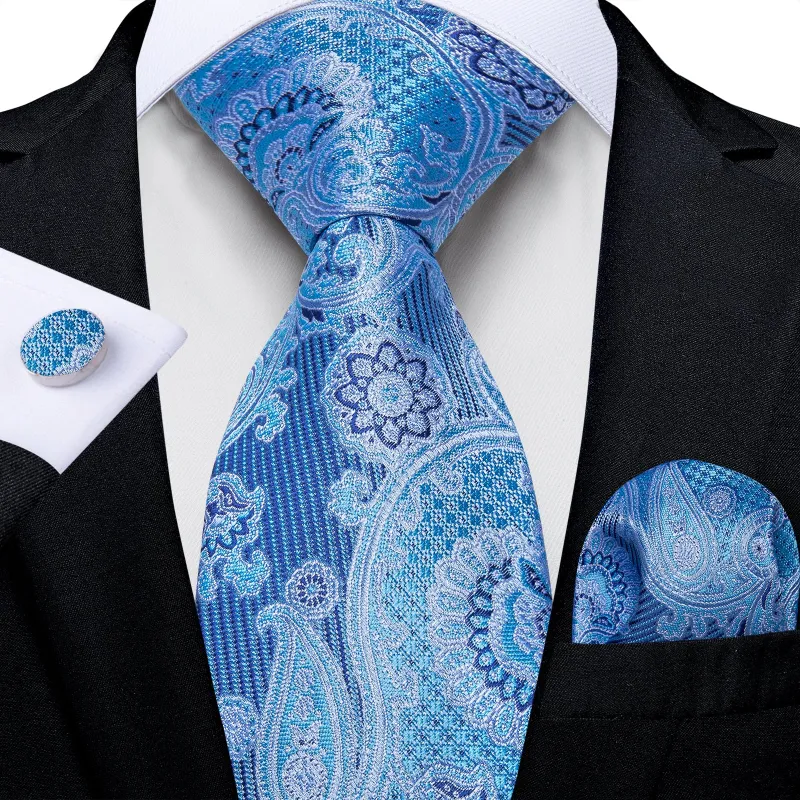 Ties2you Blue Tie Floral Men's Silk Necktie Pocket Square Cufflinks Set sold by Ties2You