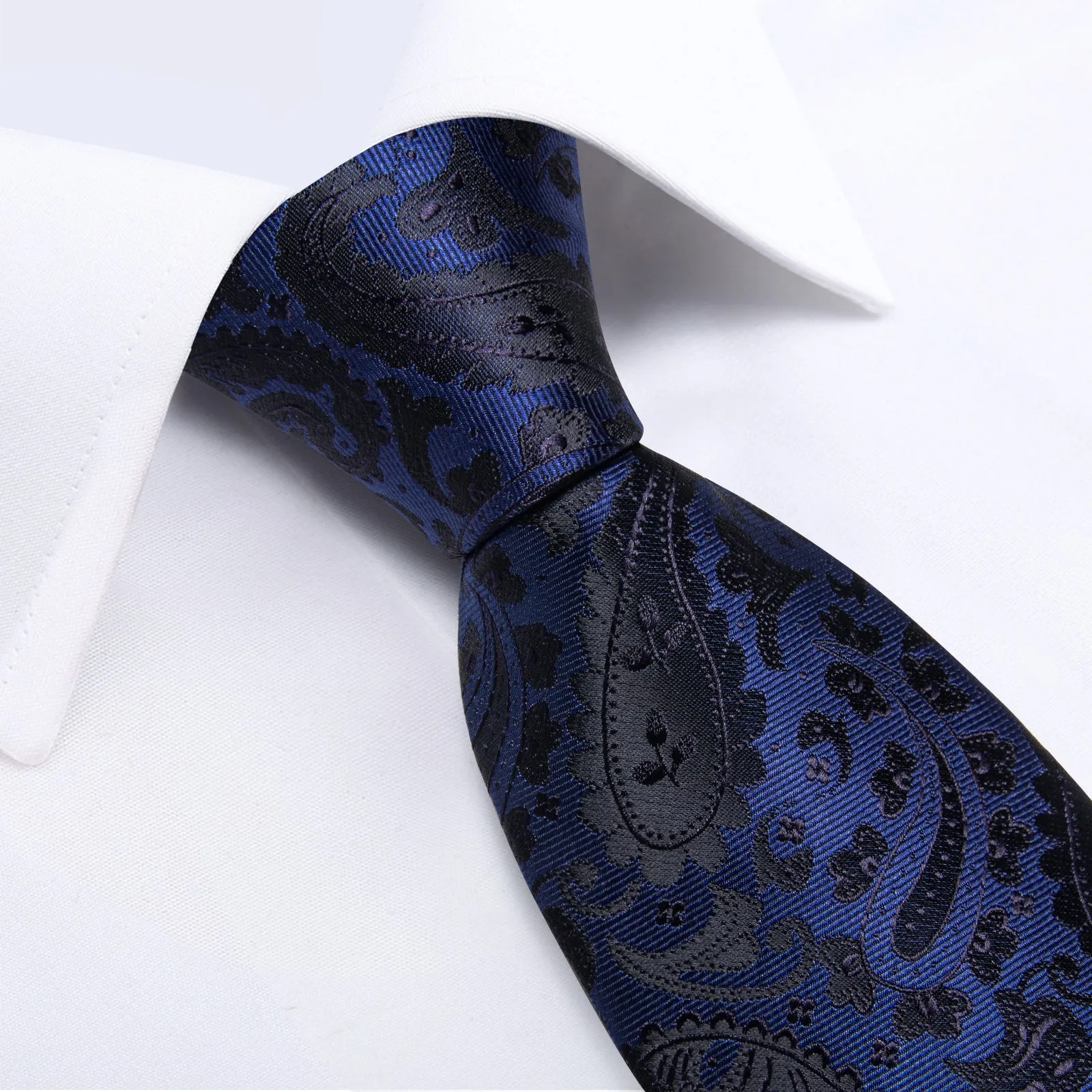 Navy Blue Black Paisley Silk Men's Necktie Pocket Square Cufflinks Set with Clip sold by Ties2You product image thumbnail 5