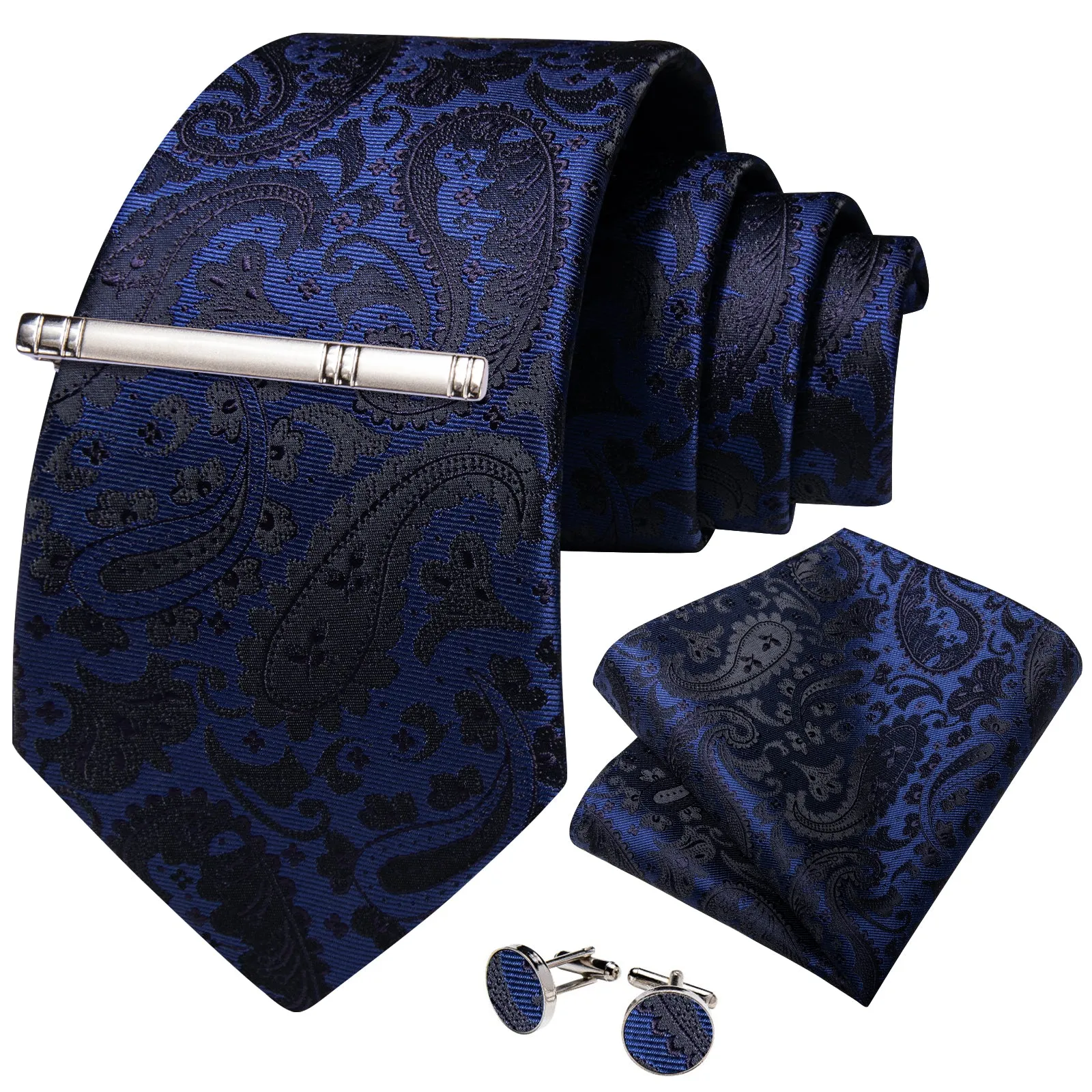 Navy Blue Black Paisley Silk Men's Necktie Pocket Square Cufflinks Set with Clip sold by Ties2You