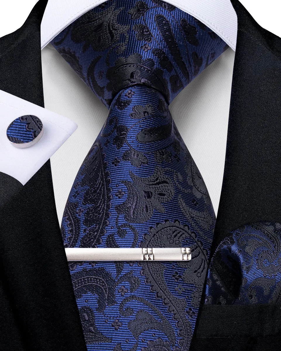 Navy Blue Black Paisley Silk Men's Necktie Pocket Square Cufflinks Set with Clip sold by Ties2You product image thumbnail 3