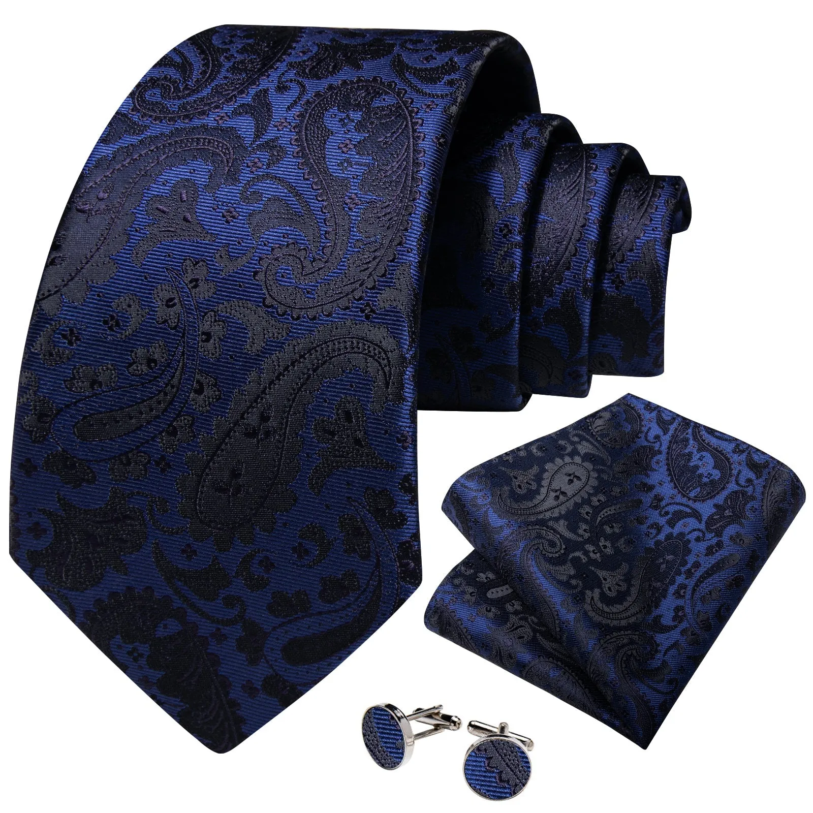 Navy Blue Black Paisley Men's Necktie Pocket Square Cufflinks Set sold by Ties2You product image thumbnail 2