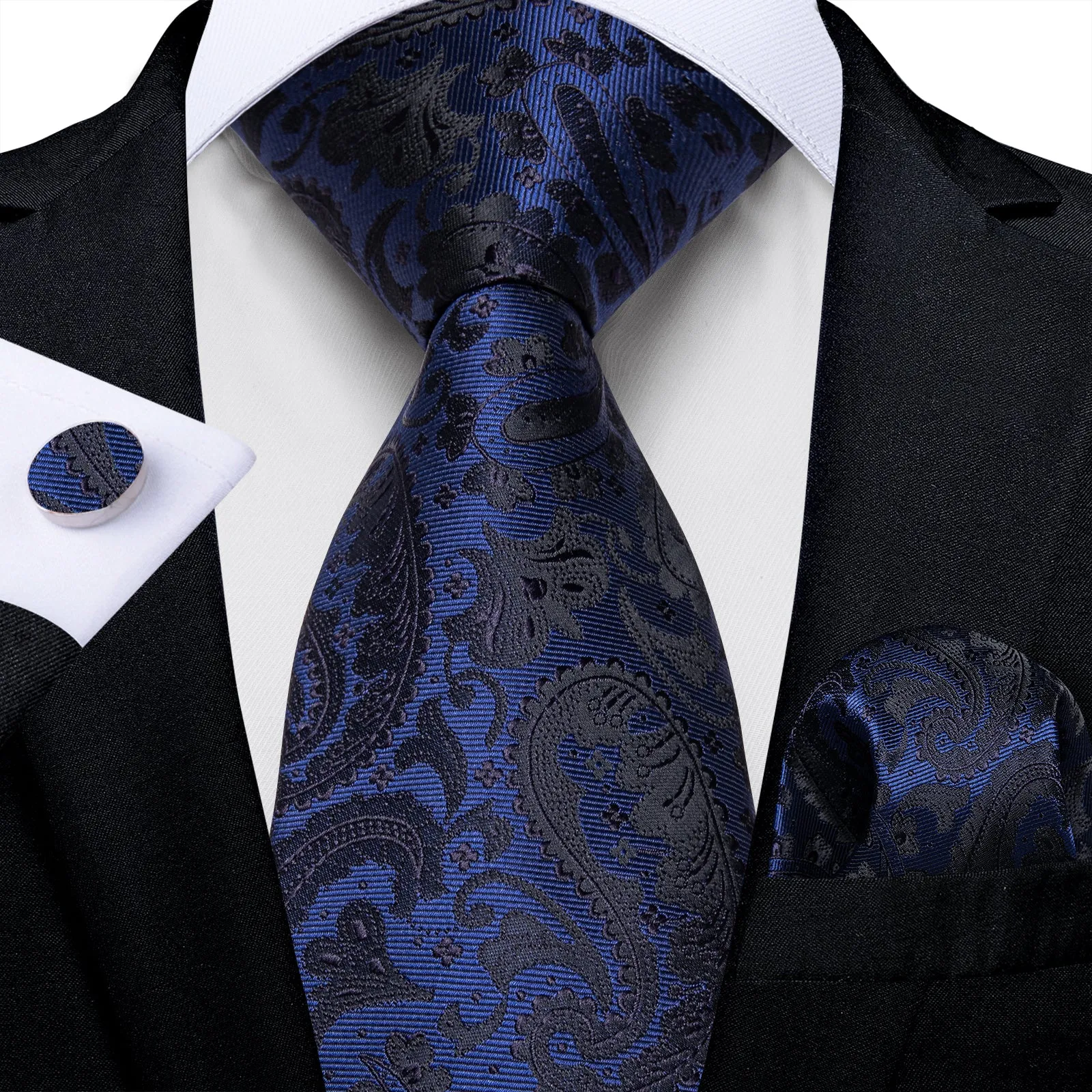 Navy Blue Black Paisley Men's Necktie Pocket Square Cufflinks Set sold by Ties2You