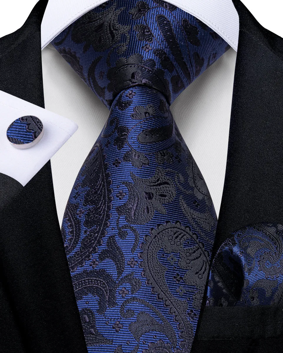 Navy Blue Black Paisley Men's Necktie Pocket Square Cufflinks Set sold by Ties2You product image thumbnail 3
