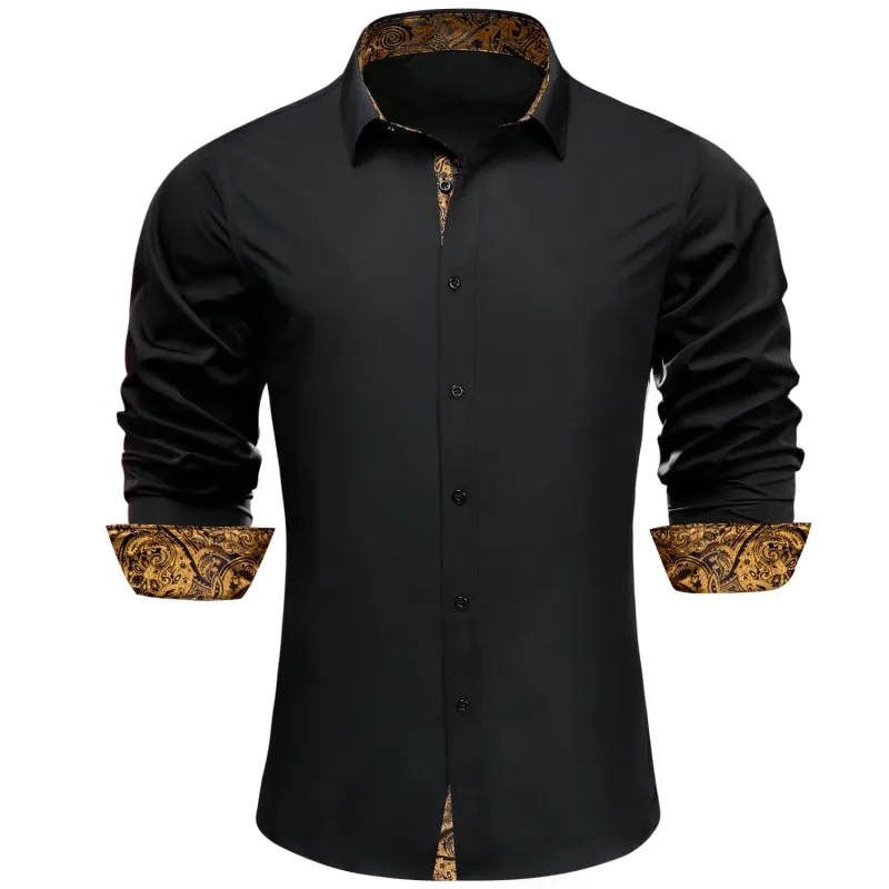 Ties2you Business Shirts Black Solid Splicing Gold Paisley Silk Mens Button Down Long Sleeve Shirt sold by Ties2You