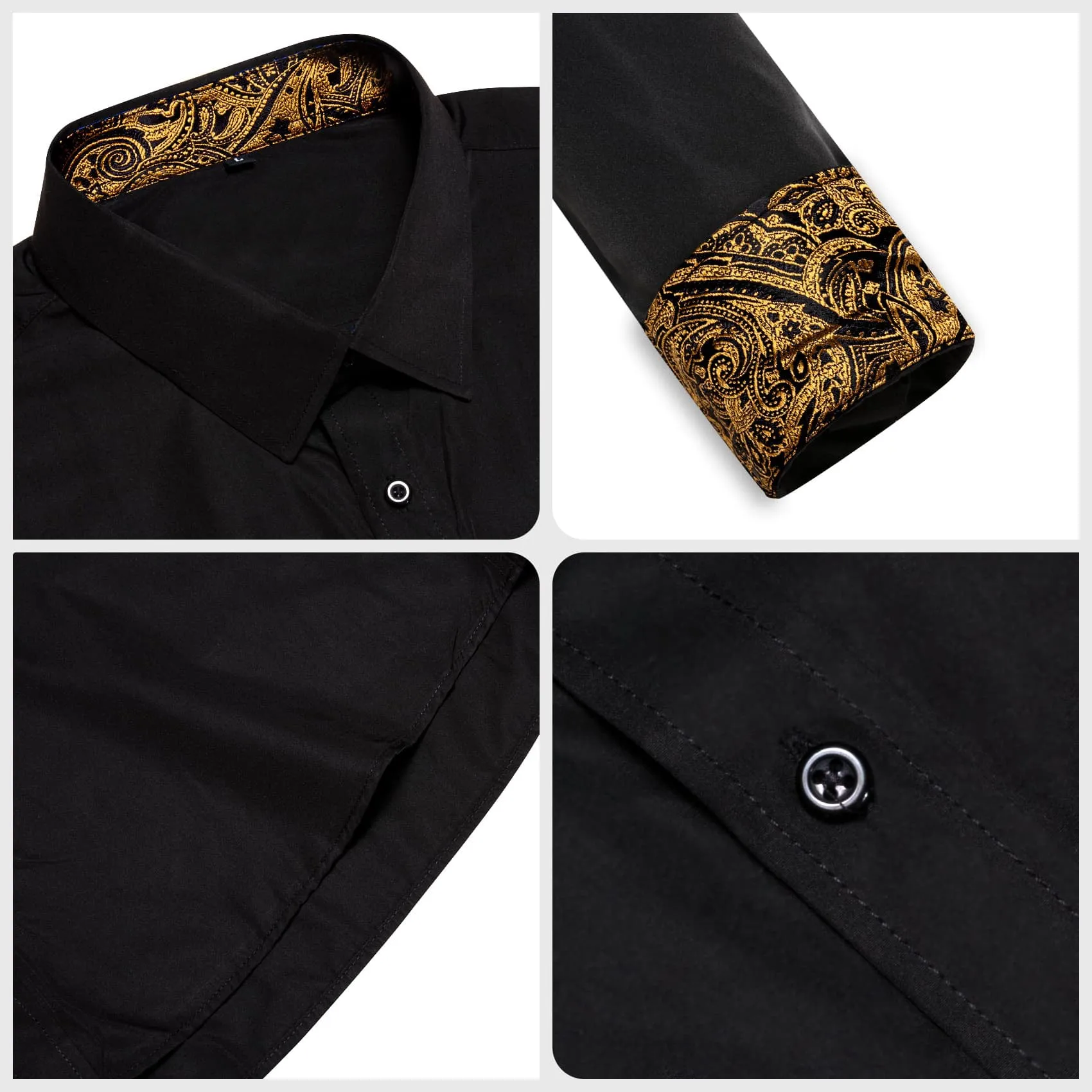 Ties2you Business Shirts Black Solid Splicing Gold Paisley Silk Mens Button Down Long Sleeve Shirt sold by Ties2You product image thumbnail 5