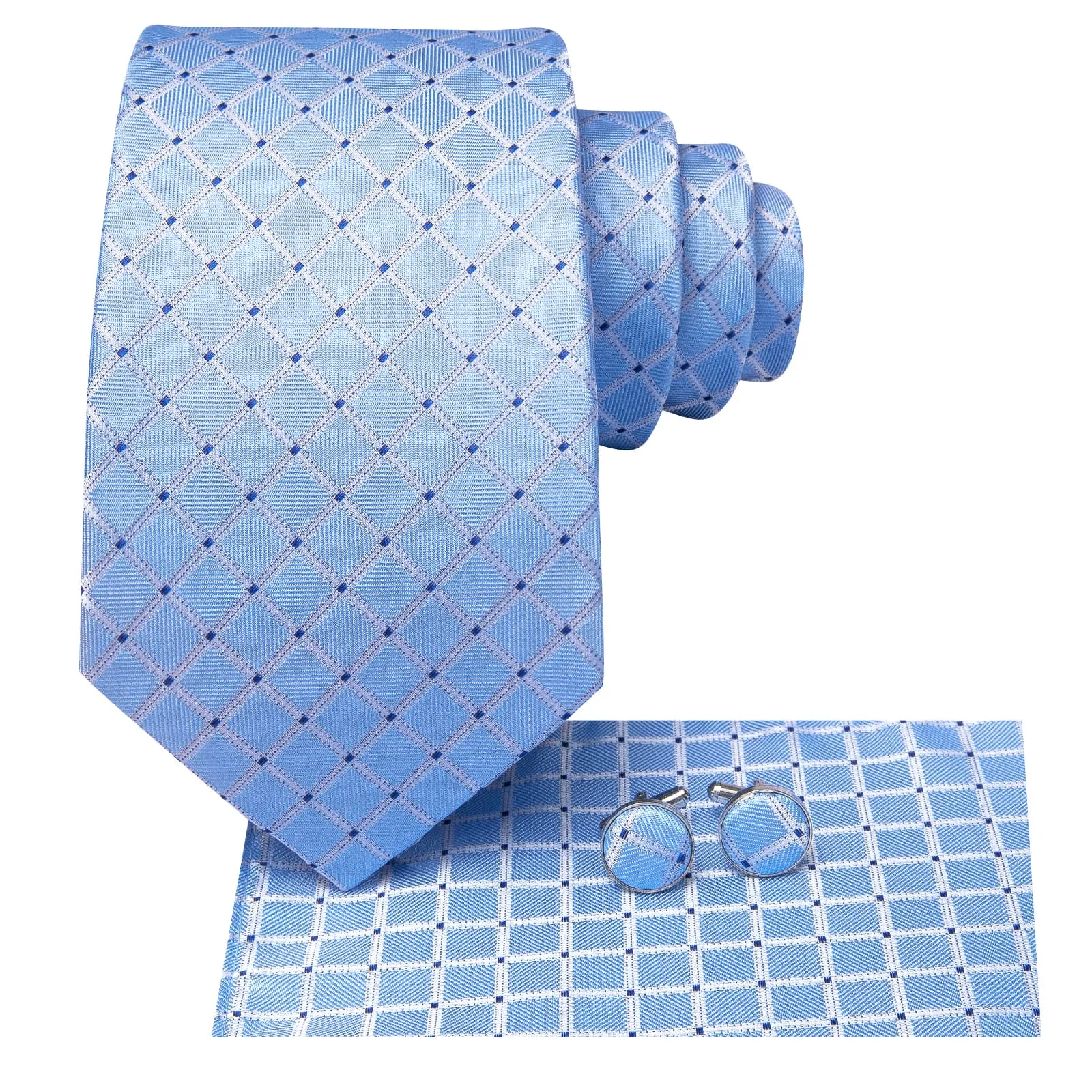 Ties2you Sky Blue Tie for Men Plaid Business Silk Necktie Pocket Square Cufflinks Set sold by Ties2You product image thumbnail 3
