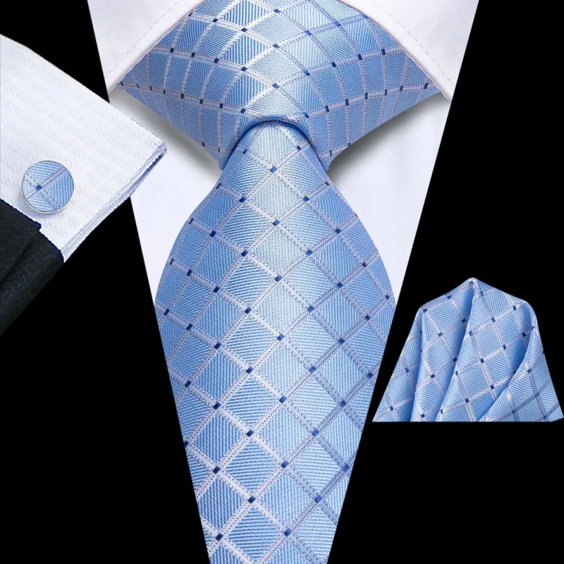 Ties2you Sky Blue Tie for Men Plaid Business Silk Necktie Pocket Square Cufflinks Set sold by Ties2You