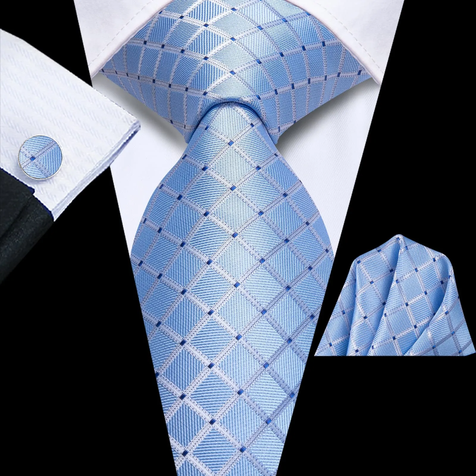 Ties2you Sky Blue Tie for Men Plaid Business Silk Necktie Pocket Square Cufflinks Set sold by Ties2You