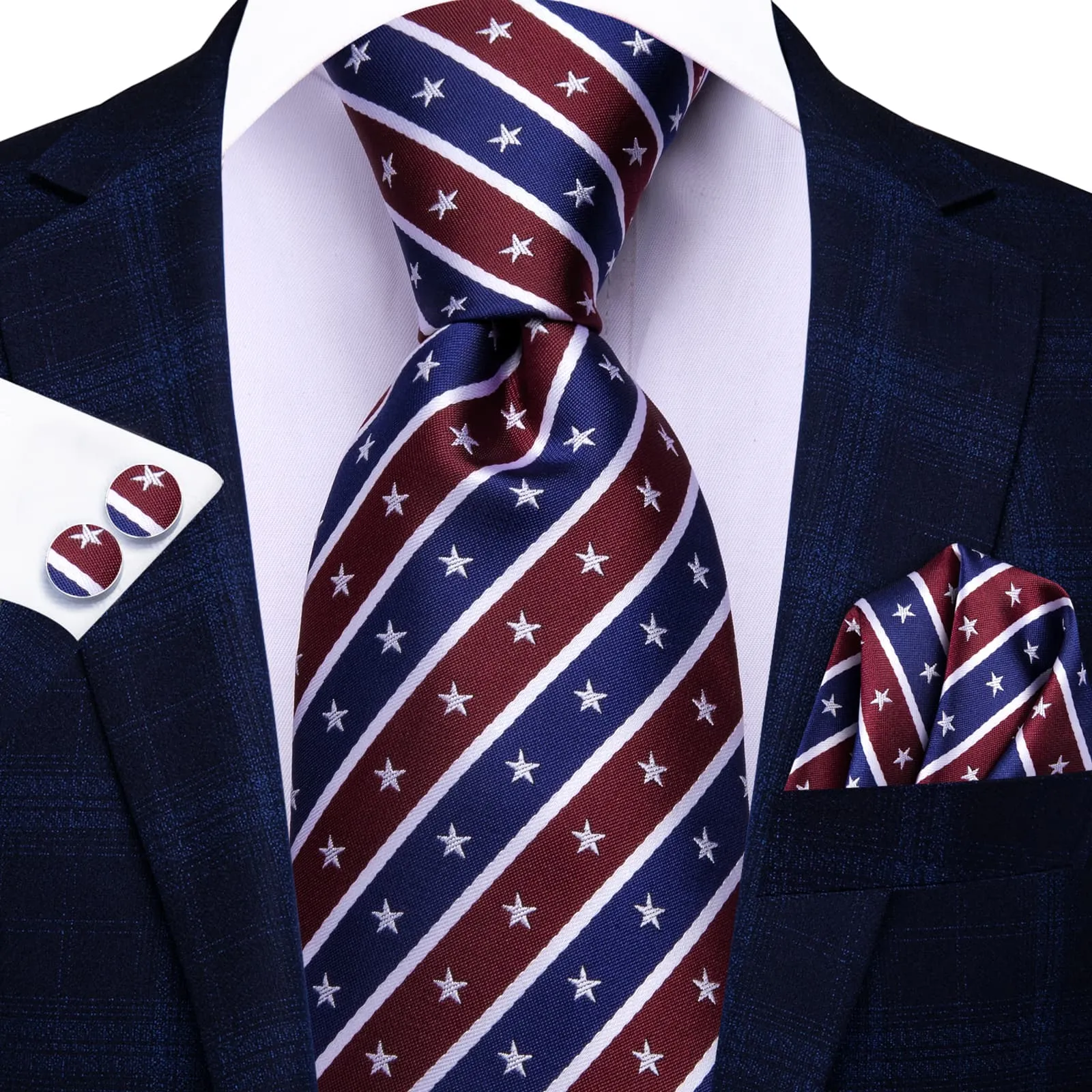 Ties2you Blue Red Stripe Tie Men's Star patriotic Necktie Hanky Cufflinks Set sold by Ties2You product image thumbnail 3