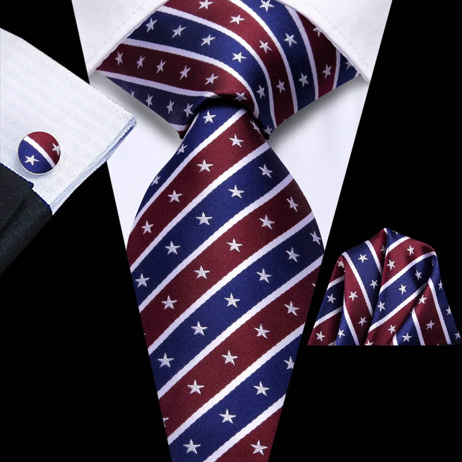 Ties2you Blue Red Stripe Tie Men's Star patriotic Necktie Hanky Cufflinks Set sold by Ties2You product image thumbnail 2