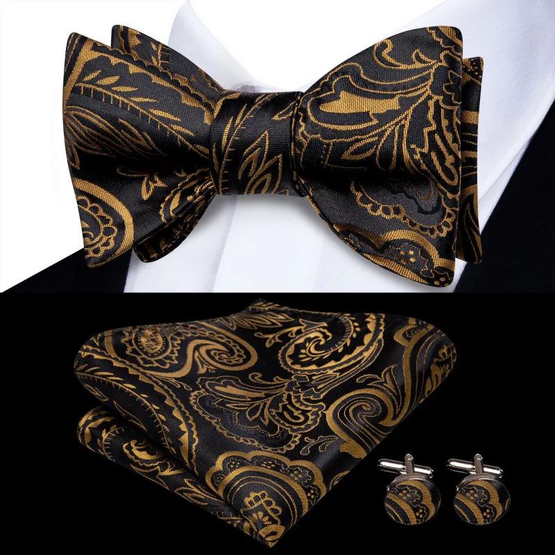 Ties2you Black Bow Tie Gold Paisley Silk Mens Dress Self-Bow Ties Handkerchief Cufflinks Set sold by Ties2You
