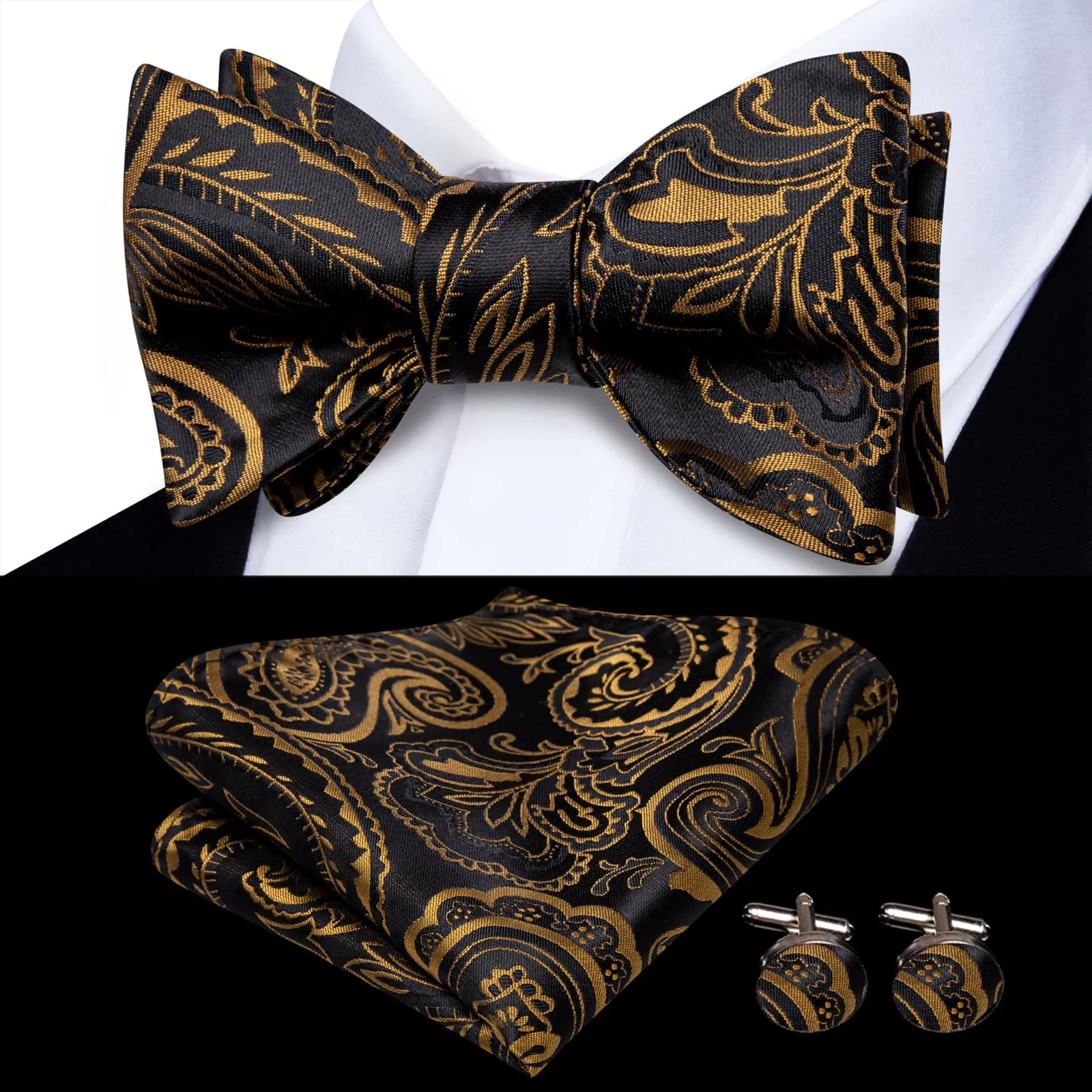 Ties2you Black Bow Tie Gold Paisley Silk Mens Dress Self-Bow Ties Handkerchief Cufflinks Set sold by Ties2You