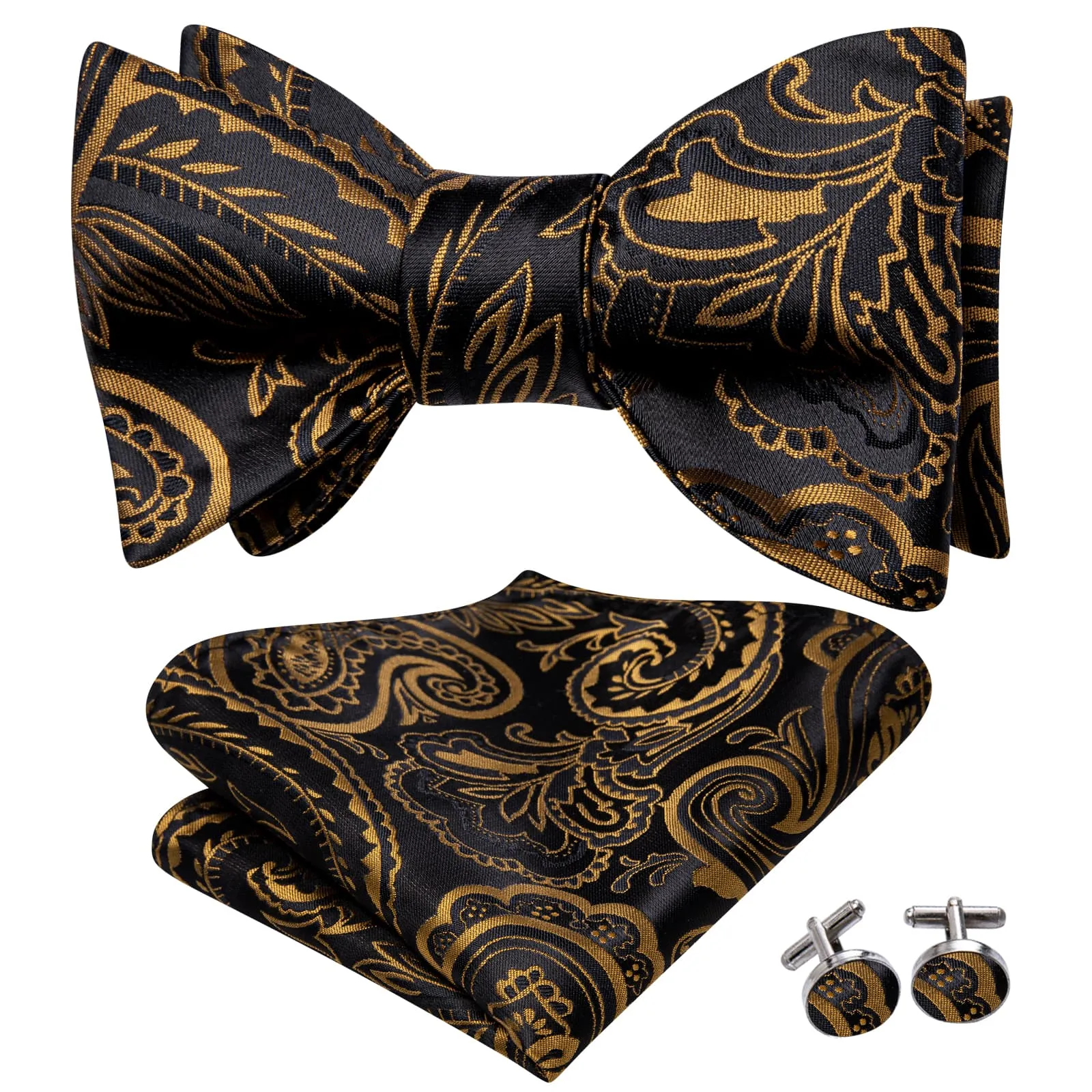Ties2you Black Bow Tie Gold Paisley Silk Mens Dress Self-Bow Ties Handkerchief Cufflinks Set sold by Ties2You product image thumbnail 2