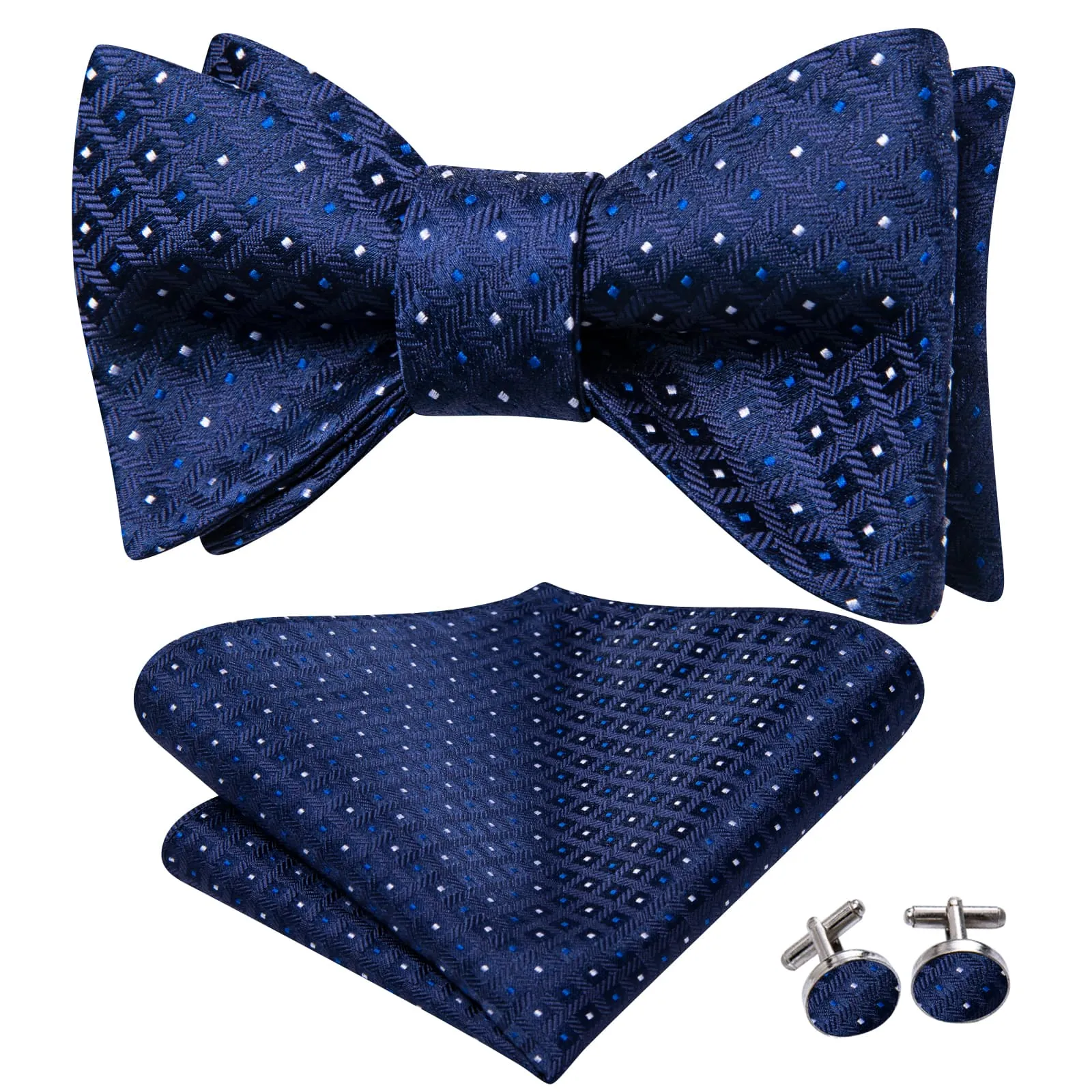 Ties2you Mens Dress Self-tied Bowtie Navy Blue Plaid Bowtie Handkerchief Cufflinks Set sold by Ties2You product image thumbnail 2