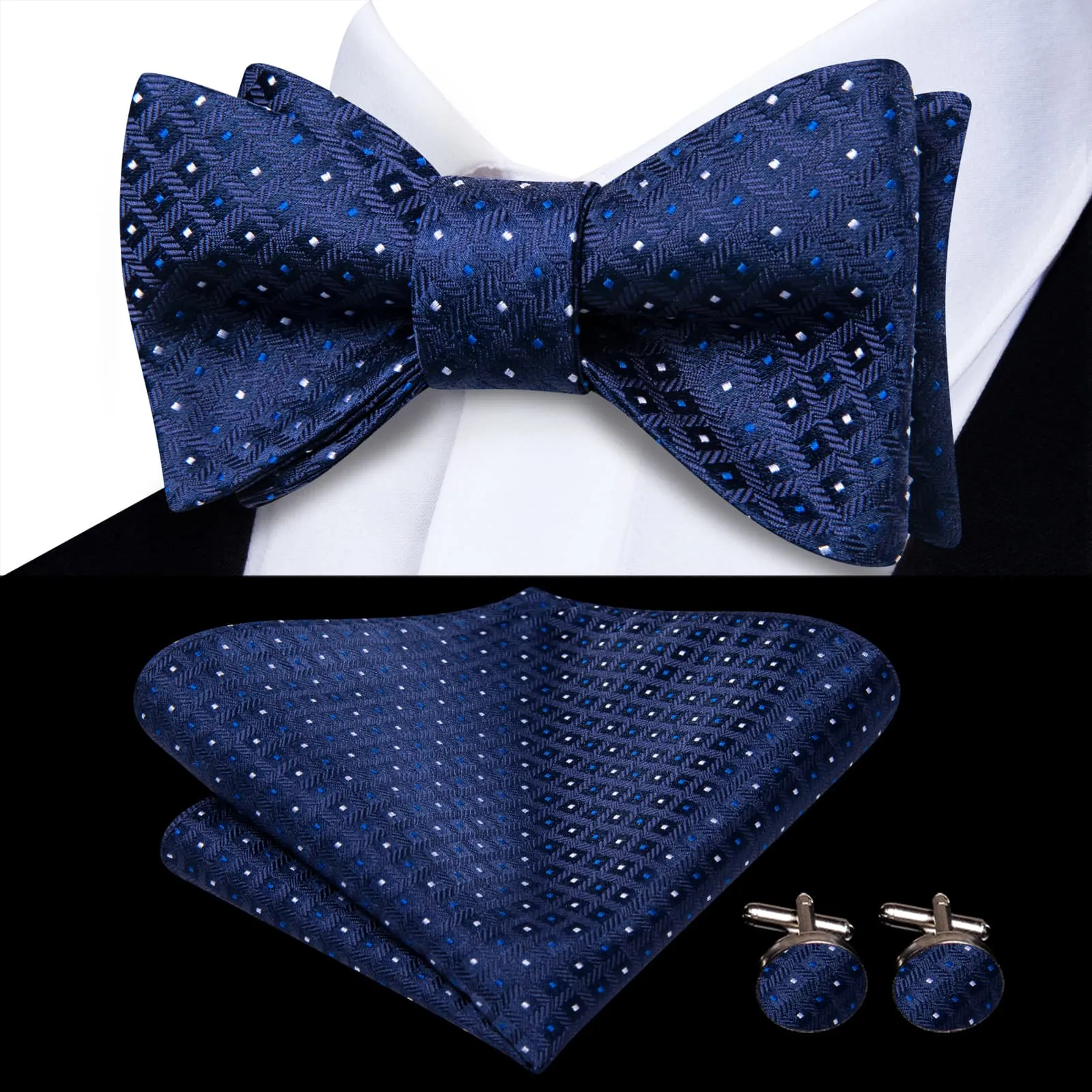 Ties2you Mens Dress Self-tied Bowtie Navy Blue Plaid Bowtie Handkerchief Cufflinks Set sold by Ties2You